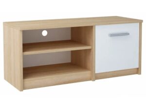 Skandynawska szafka pod telewizor dąb sonoma + biały – Trifio, nowoczesny design, trwały materiał