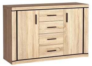 Komoda W Dekorze Dąb Sonoma R4-B87 – pojemna, minimalistyczna, z 4 szufladami, 2 szafkami, materiał E1