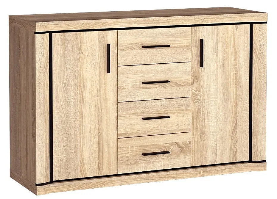 Komoda W Dekorze Dąb Sonoma R4-B87 – pojemna, minimalistyczna, z 4 szufladami, 2 szafkami, materiał E1