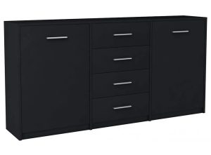 Czarna Komoda Z Szufladami I Półkami A8-F29 – minimalistyczny design, czarny mat, 177x35x75 cm, płyta MDF