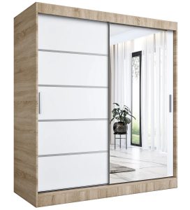 Szafa przesuwna 180 cm dąb sonoma + biały – Marmos 5X, trwały system jezdny, duże lustro