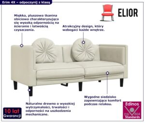 Kremowa stylowa sofa 2-osobowa z poduszkami – elegancki design, aksamit, lite drewno
