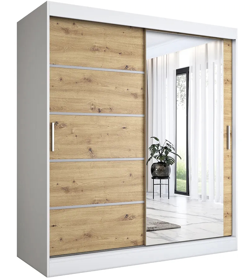 Szafa przesuwna 180 cm – Marmos 5X, biel + dąb artisan, nowoczesny design