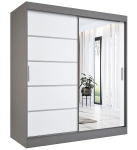 Szafa przesuwna Elior 180X200 – z dużym lustrem, antracyt + biały, laminowana płyta