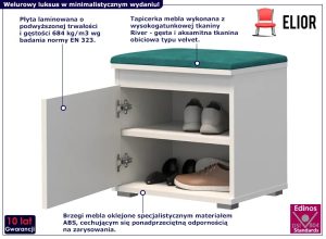 Minimalistyczna szafka na buty z siedziskiem biały + zielony – Venix 5X, welur, płyta meblowa