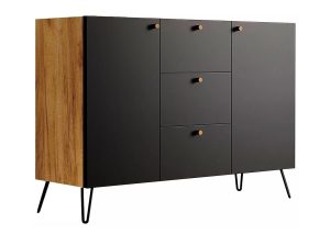 Komoda z szufladami w stylu industrialnym dąb craft + czarny – Zorina 3X, metalowe nóżki, 120x40x85 cm, trwała płyta meblowa