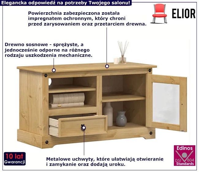 Szafka RTV z litego drewna sosnowego – klasyczne linie, miodowy brąz, 100x45x58 cm