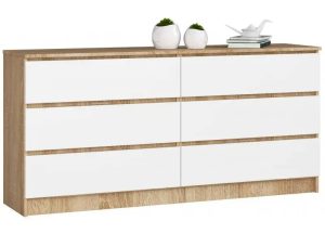 Długa Komoda Elior – sześć szuflad, biały mat, dąb sonoma, płyta laminowana