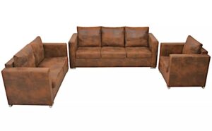3-częściowy zestaw do salonu – Lemis, styl vintage, brązowy, ekoskóra, drewniana rama