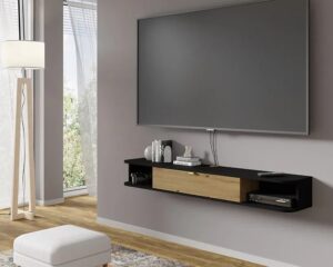 Podwieszana szafka rtv Calmero – funkcjonalność, nowoczesny design, czarny + dąb artisan