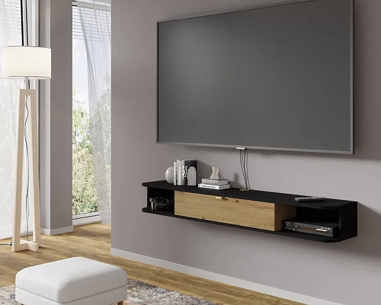 Podwieszana szafka rtv Calmero – funkcjonalność, nowoczesny design, czarny + dąb artisan