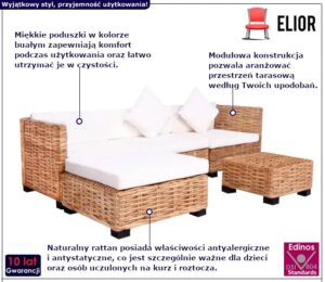 5-częściowy zestaw do zadaszonego tarasu – elegancki, naturalny rattan, biały, styl boho