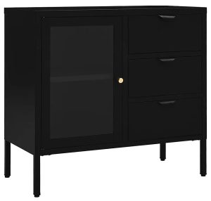 Czarna Komoda Na Nóżkach Z Witryną A6-K65 – elegancka, funkcjonalna, stalowa, szkło hartowane