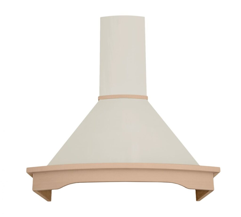 Toflesz RUSTICAL RODEO 90CM ECRU – okap rustykalny, wysoka wydajność, stal malowana proszkowo, drewno bukowe