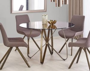 Szklany okrągły stół ze złotym stelażem – elegancki design, brązowy kolor, średnica 120 cm, stal malowana proszkowo