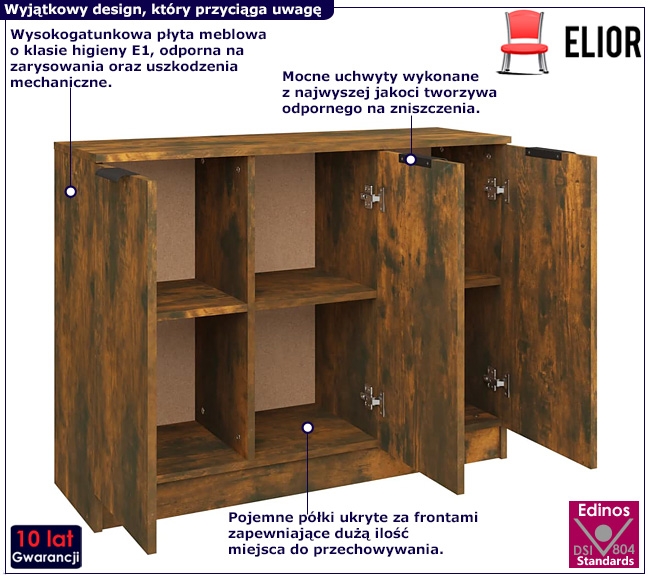 Nowoczesna komoda Garora – elegancki design, wędzony dąb, wymiary 90,5x30x70 cm, płyta MDF