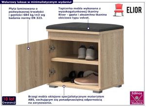 Szafka na buty z welurowym siedziskiem – minimalistyczny design, dąb + szary, 51 cm wysokości