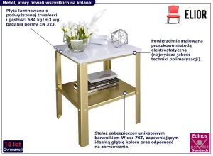 Minimalistyczny stolik kawowy z półką złoty + biały połysk – Sufix 3X, nowoczesny design, stabilna konstrukcja, 45x40x40 cm