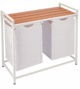 Kosz na pranie z półką – duży, jasny brąz, biały, 73x34x72 cm, materiał: MDF, stal, tkanina Oxford