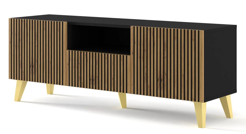 Szafka rtv z lamelami czarny + dąb artisan – Melis 9X, nowoczesny styl, 150 cm, płyta laminowana