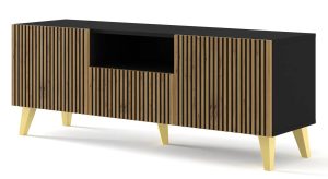 Szafka rtv z lamelami czarny + dąb artisan – Melis 9X, nowoczesny styl, 150 cm, płyta laminowana