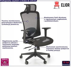 Czarny ergonomiczny obrotowy wentylowany fotel biurowy – Mizo