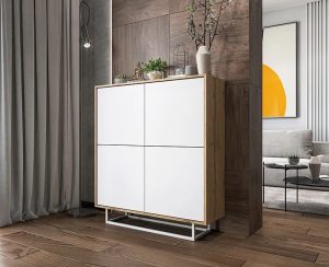 Komoda czterodrzwiowa dąb wotan + biały – nowoczesny design, funkcjonalna, z metalową ramą