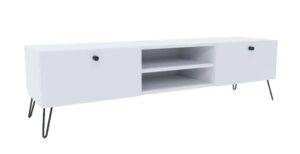 Biała szafka RTV na metalowych nóżkach – Zorina 9X, nowoczesny design, naturalne drewno, 140 cm