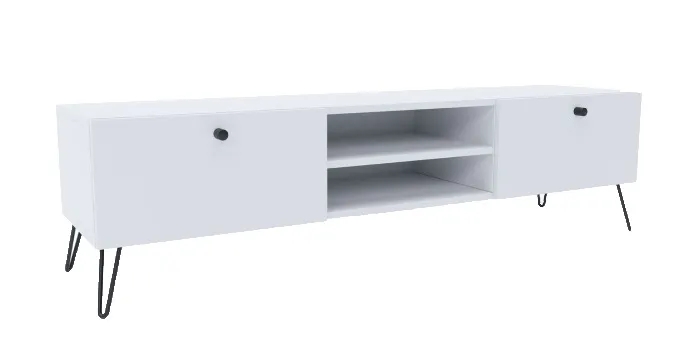 Biała szafka RTV na metalowych nóżkach – Zorina 9X, nowoczesny design, naturalne drewno, 140 cm