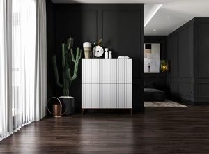 Biała komoda z lamelowym frontem – Filo 4X, nowoczesny design, wysoka jakość, metalowa rama