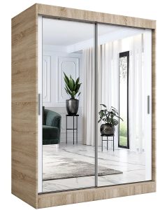Szafa przesuwna z lustrem 150 cm dąb sonoma + biały – funkcjonalna, przestronna, uniwersalny design
