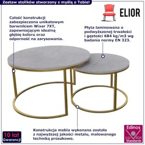 Zestaw dwóch stolików w stylu glamur Satell 4X – nowoczesny design, szary + złoty, metal, płyta laminowana