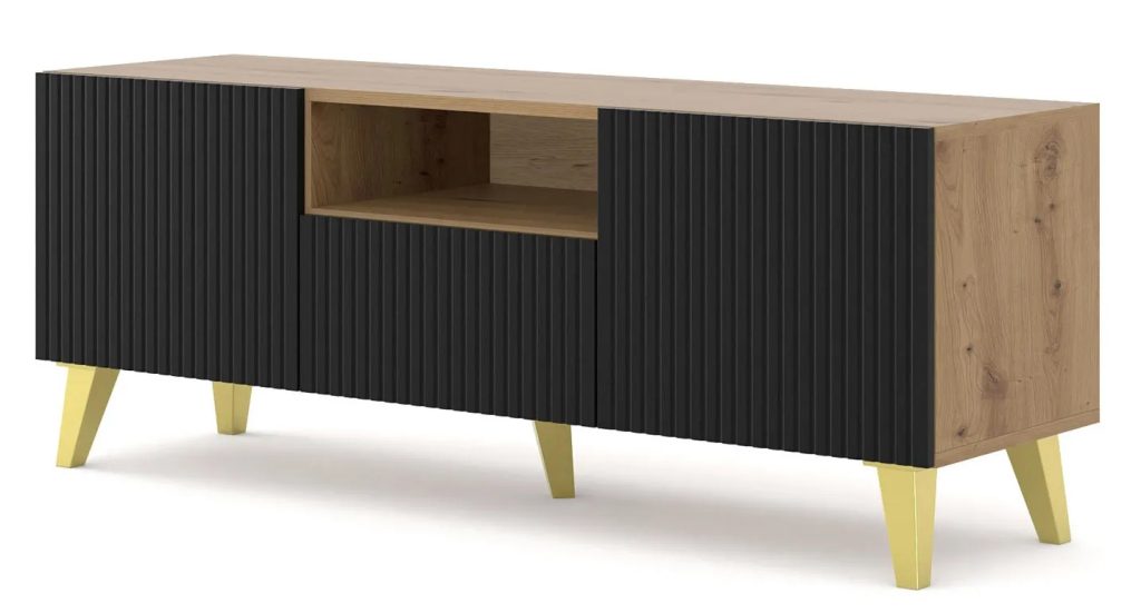 Szafka na TV dąb artisan z czarnymi lamelami – Melis 9X, nowoczesny design, 150 cm, płyta laminowana, MDF