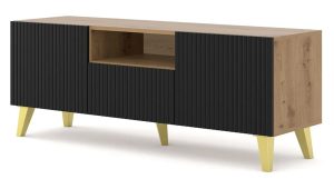 Szafka na TV dąb artisan z czarnymi lamelami – Melis 9X, nowoczesny design, 150 cm, płyta laminowana, MDF