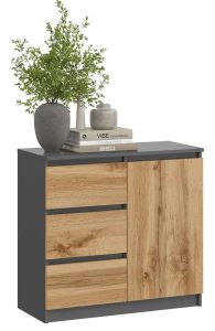 Komoda Z 3 Szufladami I Drzwiczkami Antracyt + Dąb Wotan S4-W22