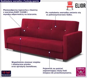 Czerwona pikowana wersalka do salonu – elegancka, rozkładana, z pojemnikiem na pościel, materiał velvet