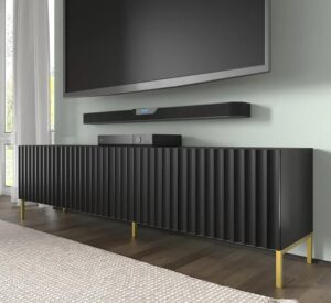 Szafka pod TV z lamelami czarny mat + czarne nóżki – Dixter 5X – nowoczesny design, funkcjonalność, trwałość