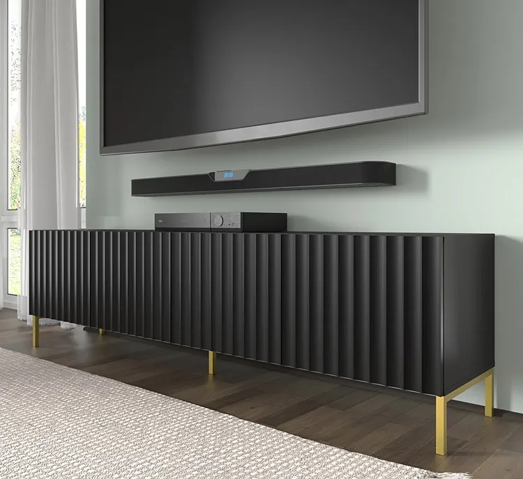 Szafka pod TV z lamelami czarny mat + czarne nóżki – Dixter 5X – nowoczesny design, funkcjonalność, trwałość