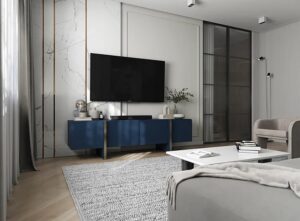 Granatowa długa szafka RTV – funkcjonalny mebel, nowoczesny design, granatowy mat, 180x45x50 cm