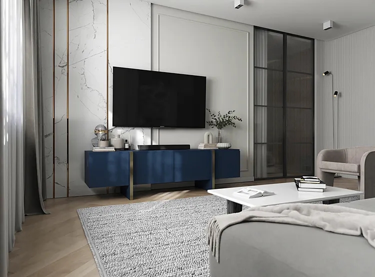 Granatowa długa szafka RTV – funkcjonalny mebel, nowoczesny design, granatowy mat, 180x45x50 cm