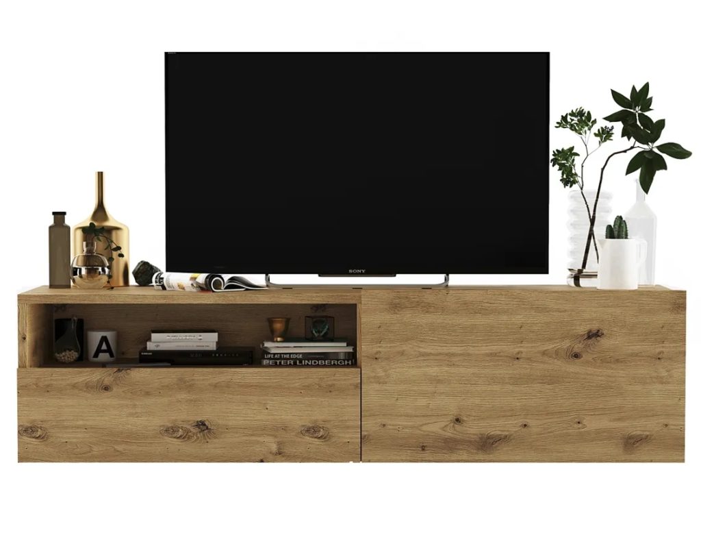 Ścienna szafka RTV z szufladą dąb artisan – Merol 8X, bezuchwytowe otwieranie, trwała konstrukcja