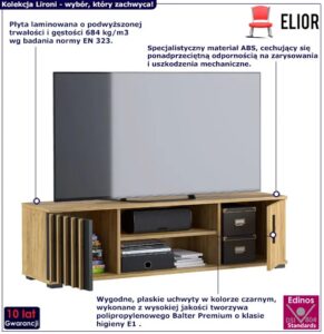 Stojąca szafka RTV z drzwiczkami i lamelami w stylu loft – Igiz 10X, elegancka, dąb craft + czarny lamel, płyta meblowa