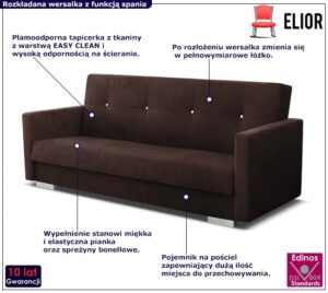 Ciemnobrązowa wersalka z funkcją spania – funkcjonalność, elegancja, wygodne podłokietniki, rozmiar 216×87 cm