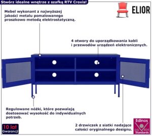 Niebieska stalowa szafka RTV na nóżkach – funkcjonalny design, minimalistyczny styl, trwałe materiały