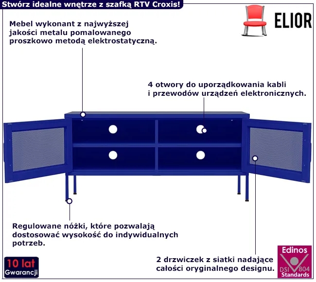 Niebieska stalowa szafka RTV na nóżkach – funkcjonalny design, minimalistyczny styl, trwałe materiały