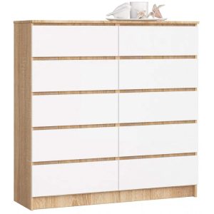Skandynawska komoda do przedpokoju dąb sonoma + biały – Awoni 3X, 138 cm, płyta laminowana