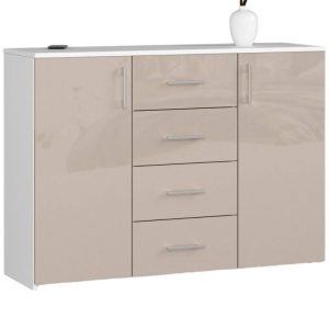 Komoda do sypialni, drzwi, 4 szuflady, 110x35x80 cm, biel, cappuccino, połysk