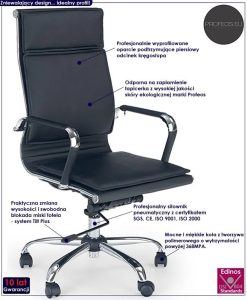 Czarny skórzany fotel obrotowy biurowy – ergonomiczne siedzisko, regulacja wysokości, materiał ekologiczny