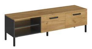 Loftowa nowoczesna szafka pod telewizor – elegancka, czarna, dąb craft złoty, 155 cm