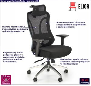 Obrotowy ergonomiczny czarny fotel z regulowanym zagłówkiem – Herva